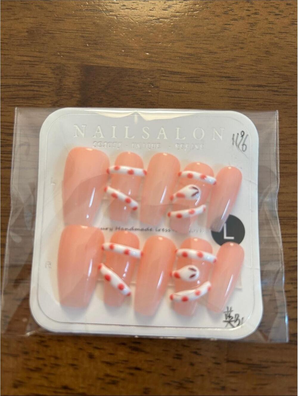 Handmade Peach Press-On Nails with White & Red Snake Accents